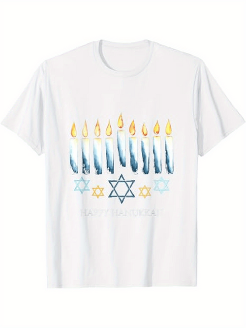 Men's Graphic T-Shirt Watercolor Candles Glowing Light With Torah Stars And Jewish Symbol Menorah