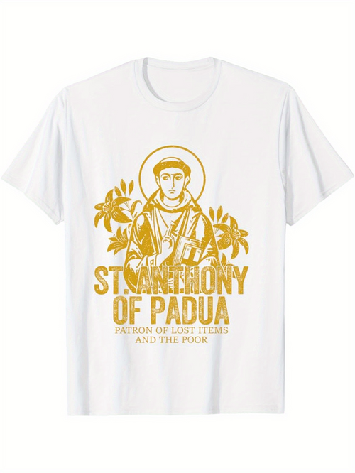 Men's Graphic T-Shirt Saint Anthony Of Padua Surrounded By Olive Branches Golden Religious Figure