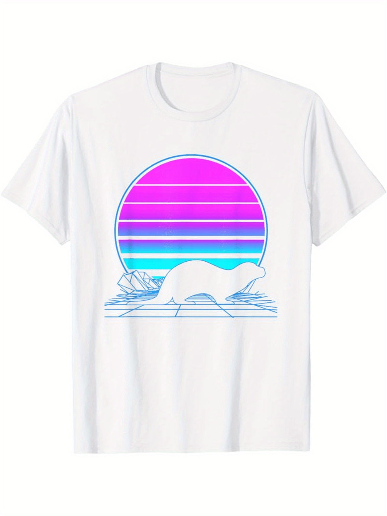 Men's Graphic T-Shirt Pastel Neon Sunset With Ocean Waves Framing Minimal Mountain Landscape