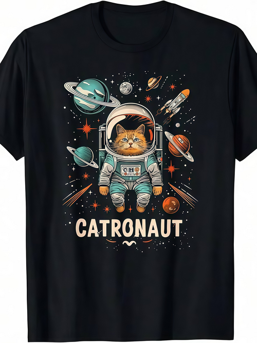 Men's Graphic T-Shirt Catronaut Floating Among Vibrant Planets Stars And Cosmic Galaxies Cat