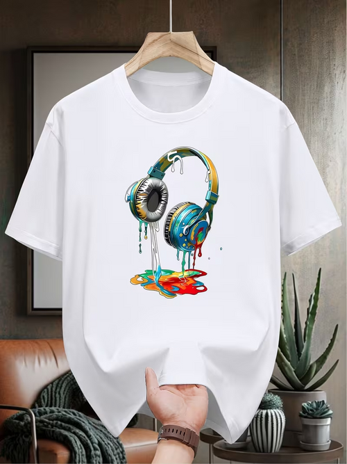 Men's Graphic T-Shirt Colorful Paint Splashes With Artistic Headphones Design Headphone