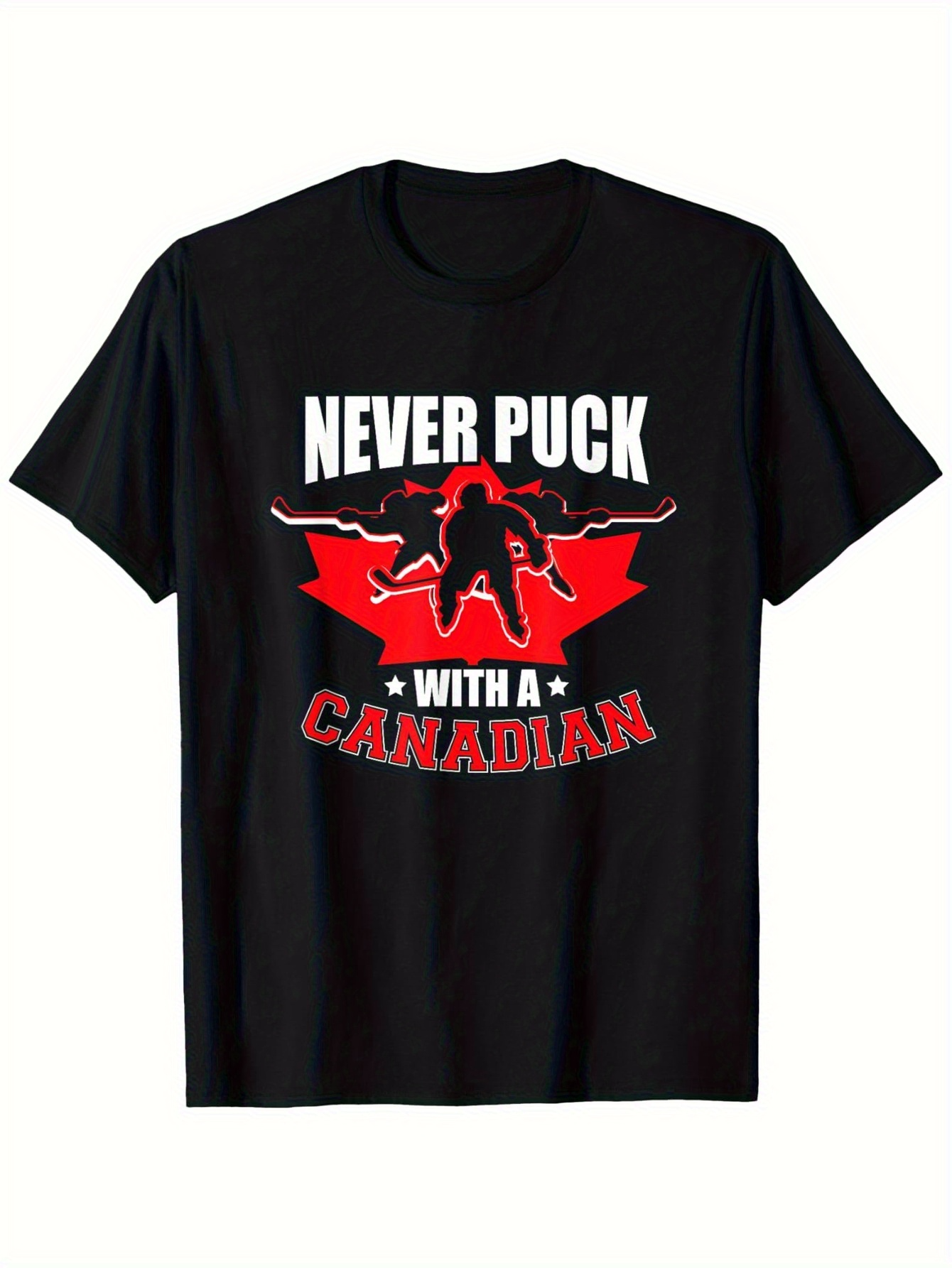 Men's Graphic T-Shirt Never Puck With A Canadian Red Leaf Silhouette With Hockey Player Black Shirt
