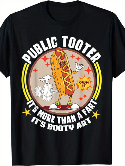 Men's Graphic T-Shirt Public Tooter Cartoon Hot Dog Farting With Text And Colorful Retro Circle