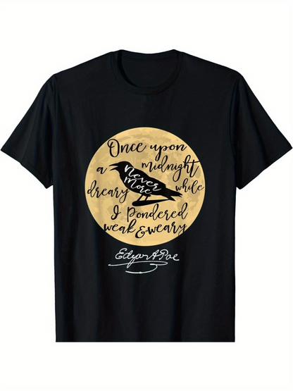 Men's Graphic T-Shirt Once Upon A Midnight Dreary Full Moon With Dark Raven Silhouette