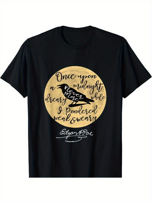 Men's Graphic T-Shirt Once Upon A Midnight Dreary Full Moon With Dark Raven Silhouette