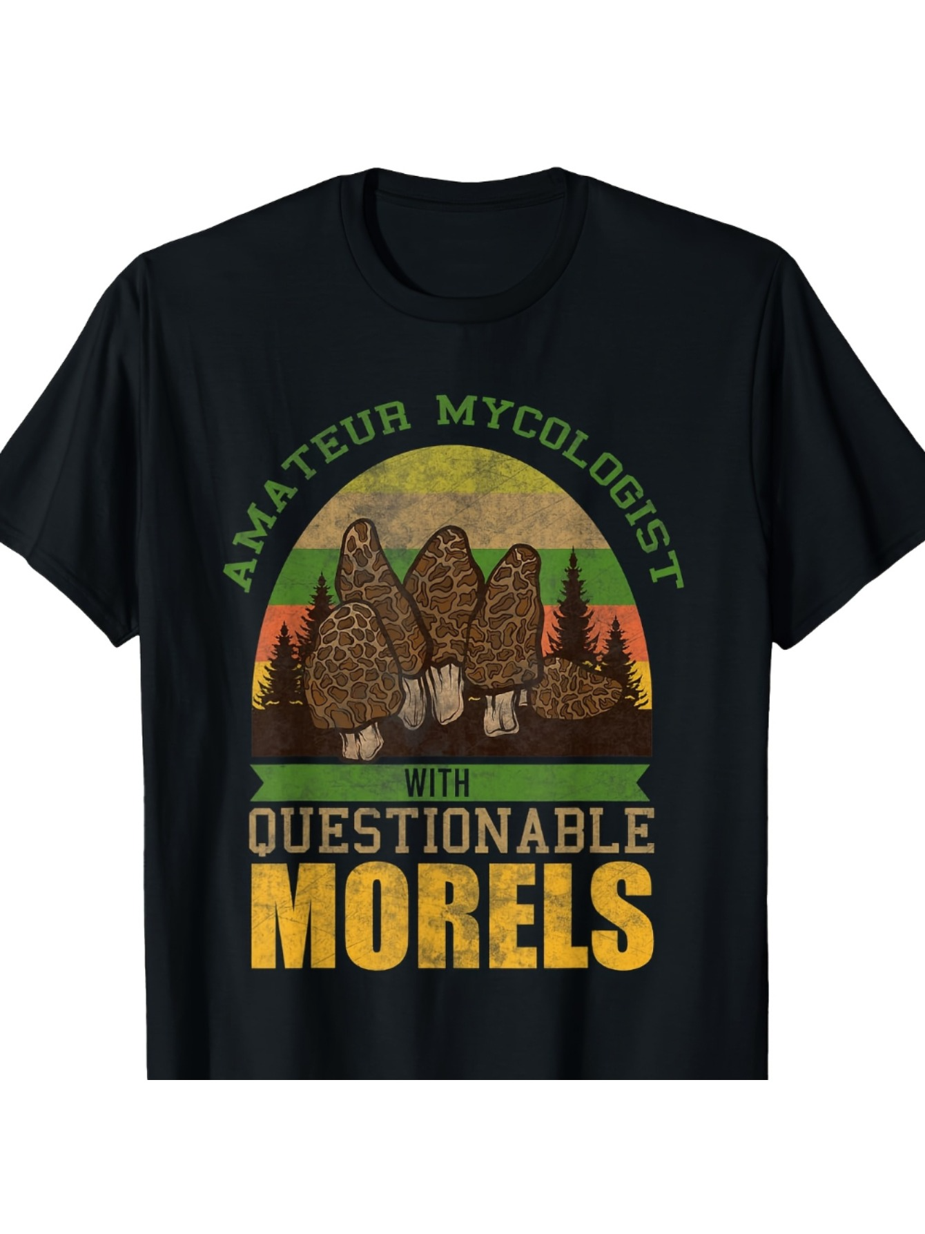 Men's Graphic T-Shirt Amateur Mycologist Colorful Sunset Forest With Large Morel Mushrooms