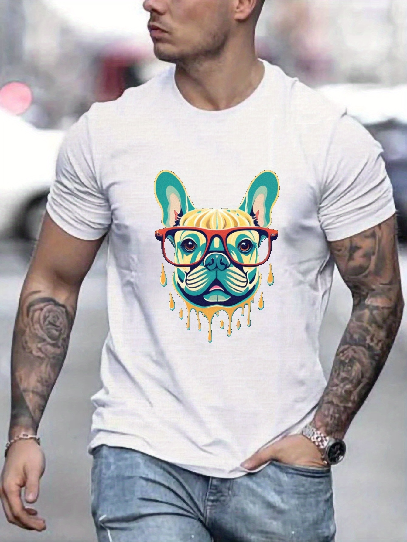 Men's Graphic T-Shirt Colorful Glasses With Vibrant Paint Drops Bulldog Face