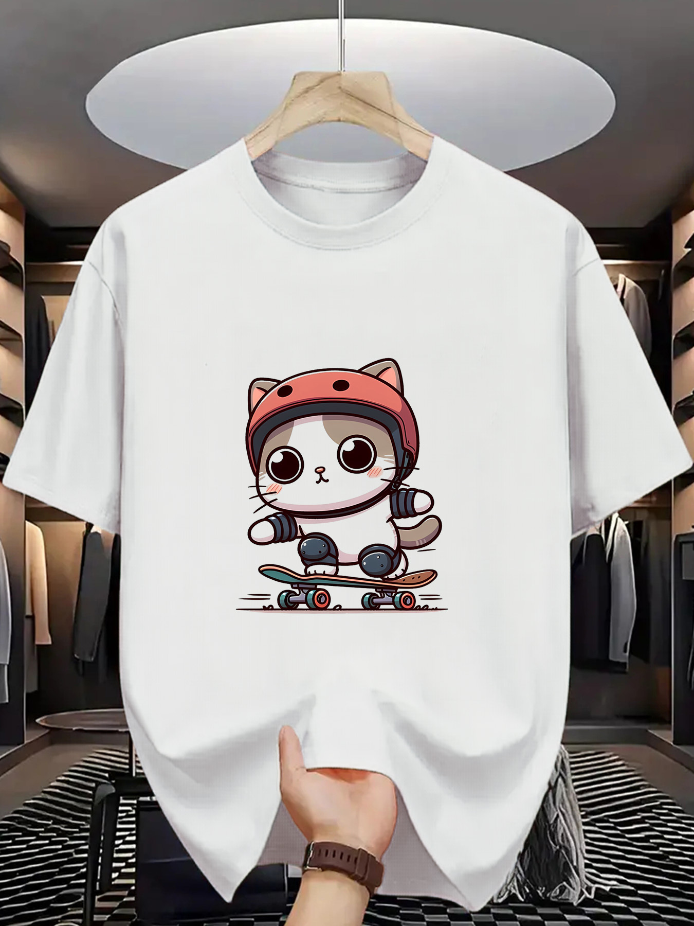 Men's Graphic T-Shirt Adorable Cat Wearing Red Helmet Riding A Skateboard