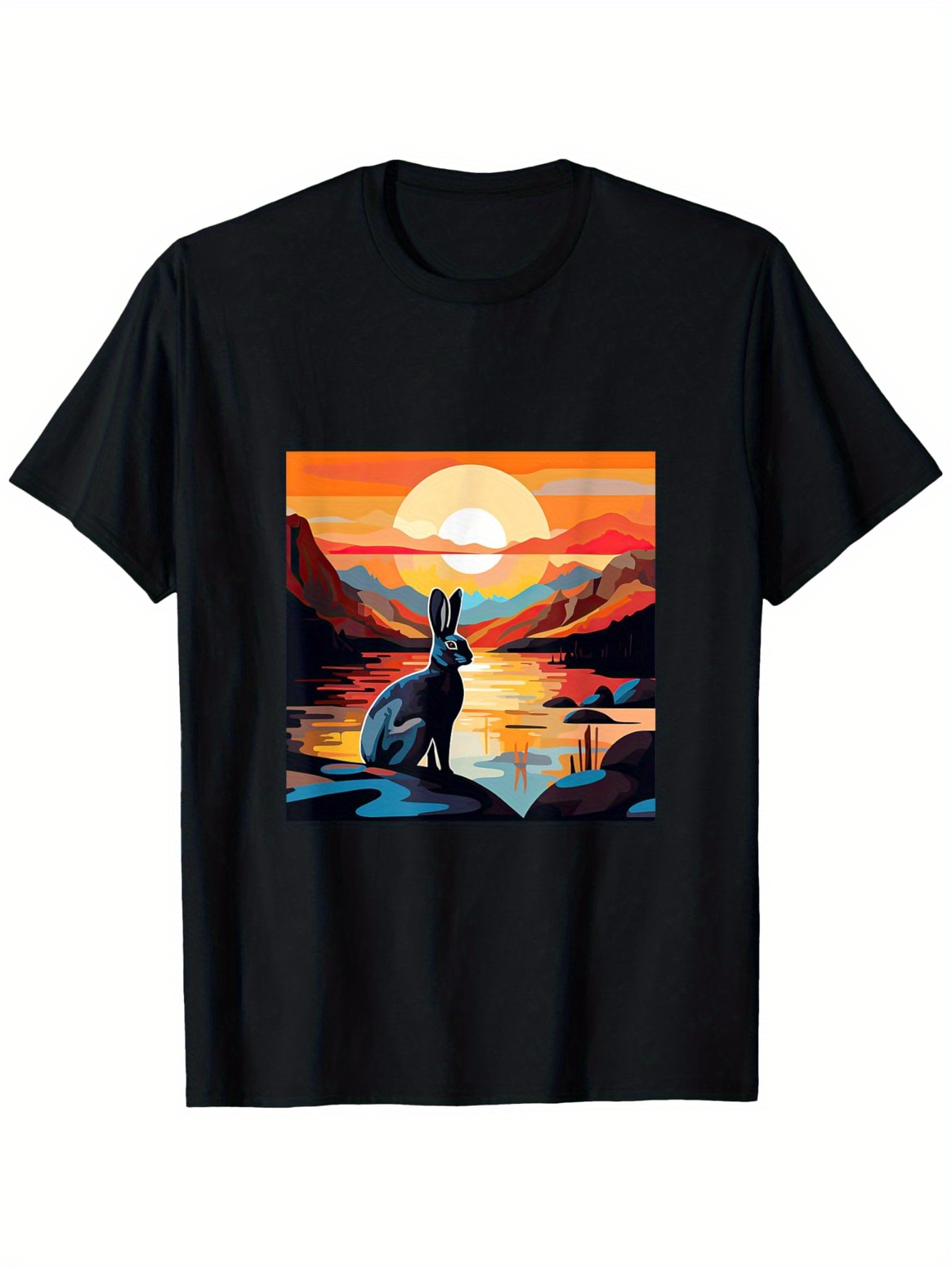 Men's Graphic T-Shirt Serene Lake Among Vibrant Mountains Under Colorful Sunset Rabbit