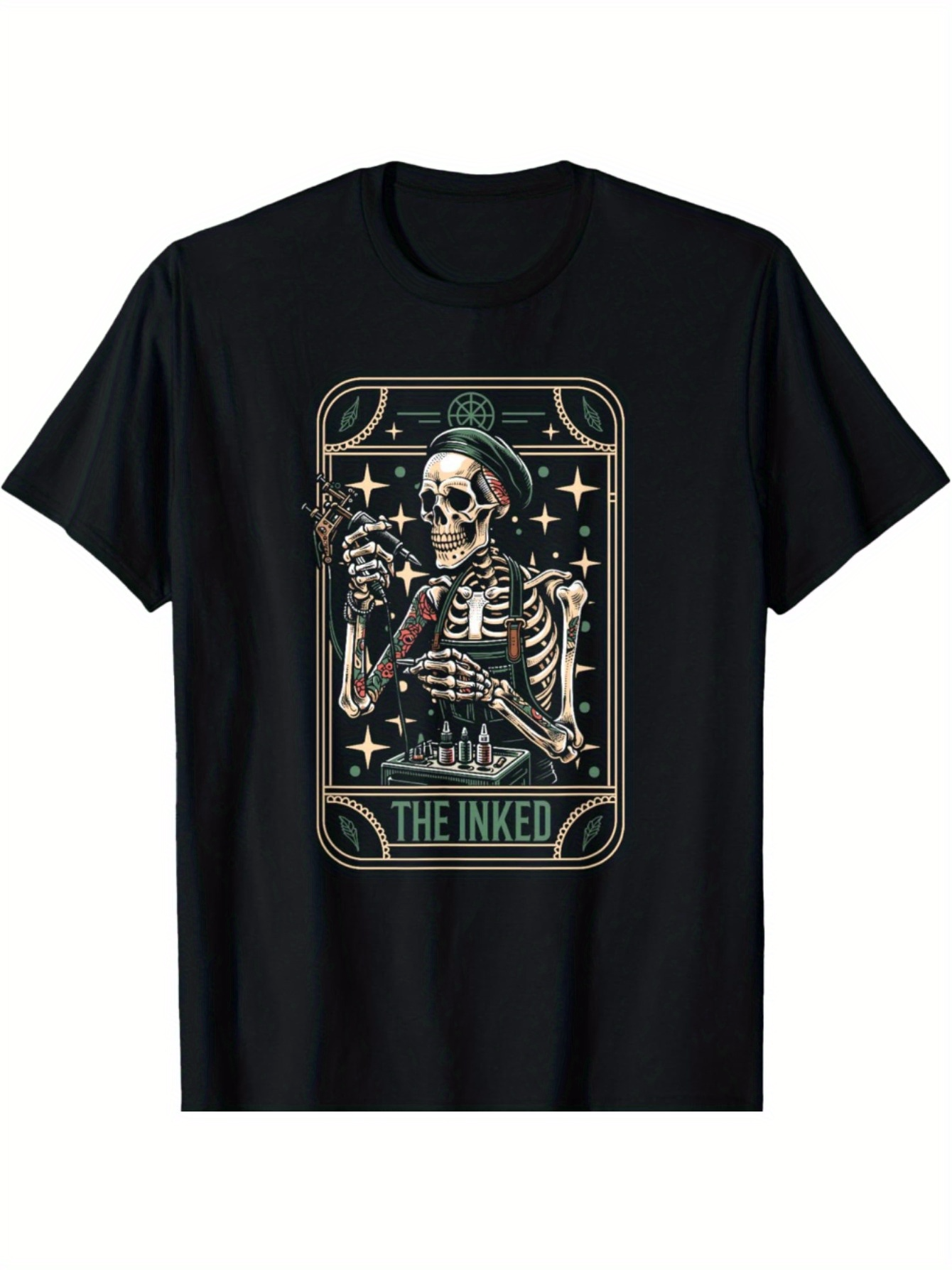 Men's Graphic T-Shirt Vintage Skeleton Surrounded By Stars Holding Tattoo Machine