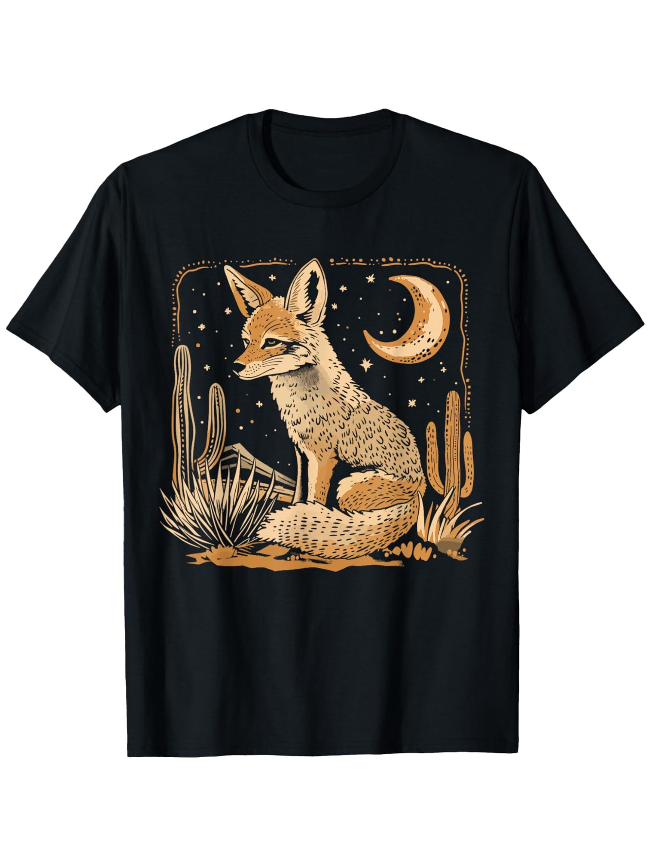 Men's Graphic T-Shirt Desert Night With Cacti Crescent Moon Starlit Sky Calm Resting Fox