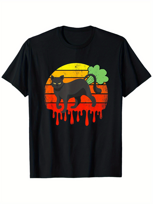 Men's Graphic T-Shirt Vintage Sunset With Black Cat And Lucky Green Clover