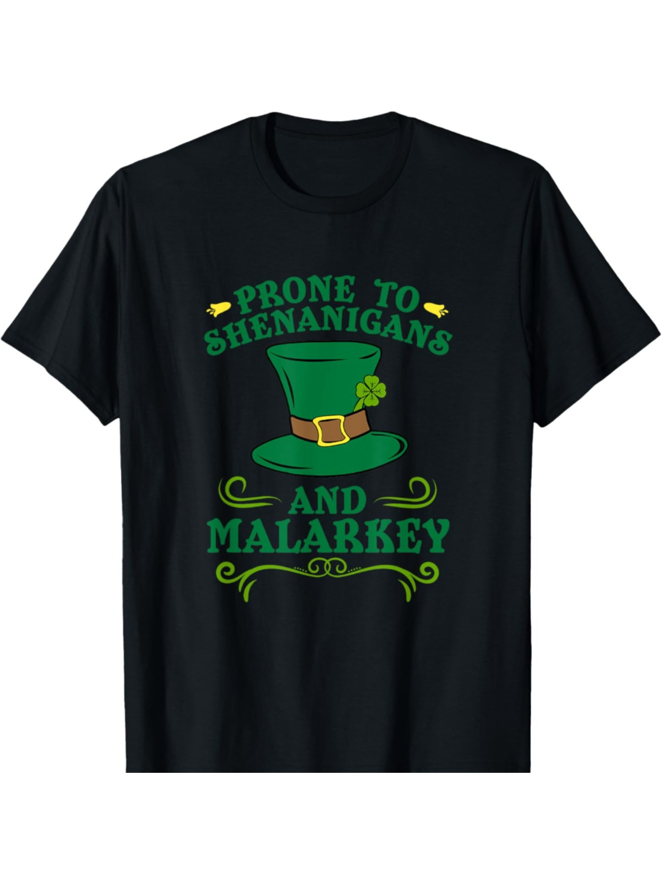 Men's Graphic T-Shirt Prone To Shenanigans And Malarkey With Green Hat Surrounded By Decorative Motifs