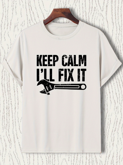 Men's Graphic T-Shirt Keep Calm I Will Fix It With Bold Wrench Drawing Graphic Tool