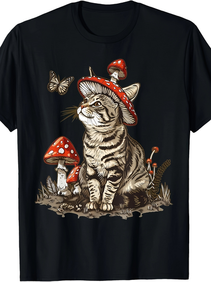 Men's Graphic T-Shirt Striped Cat Sitting Among Mushrooms With Butterfly On Hat