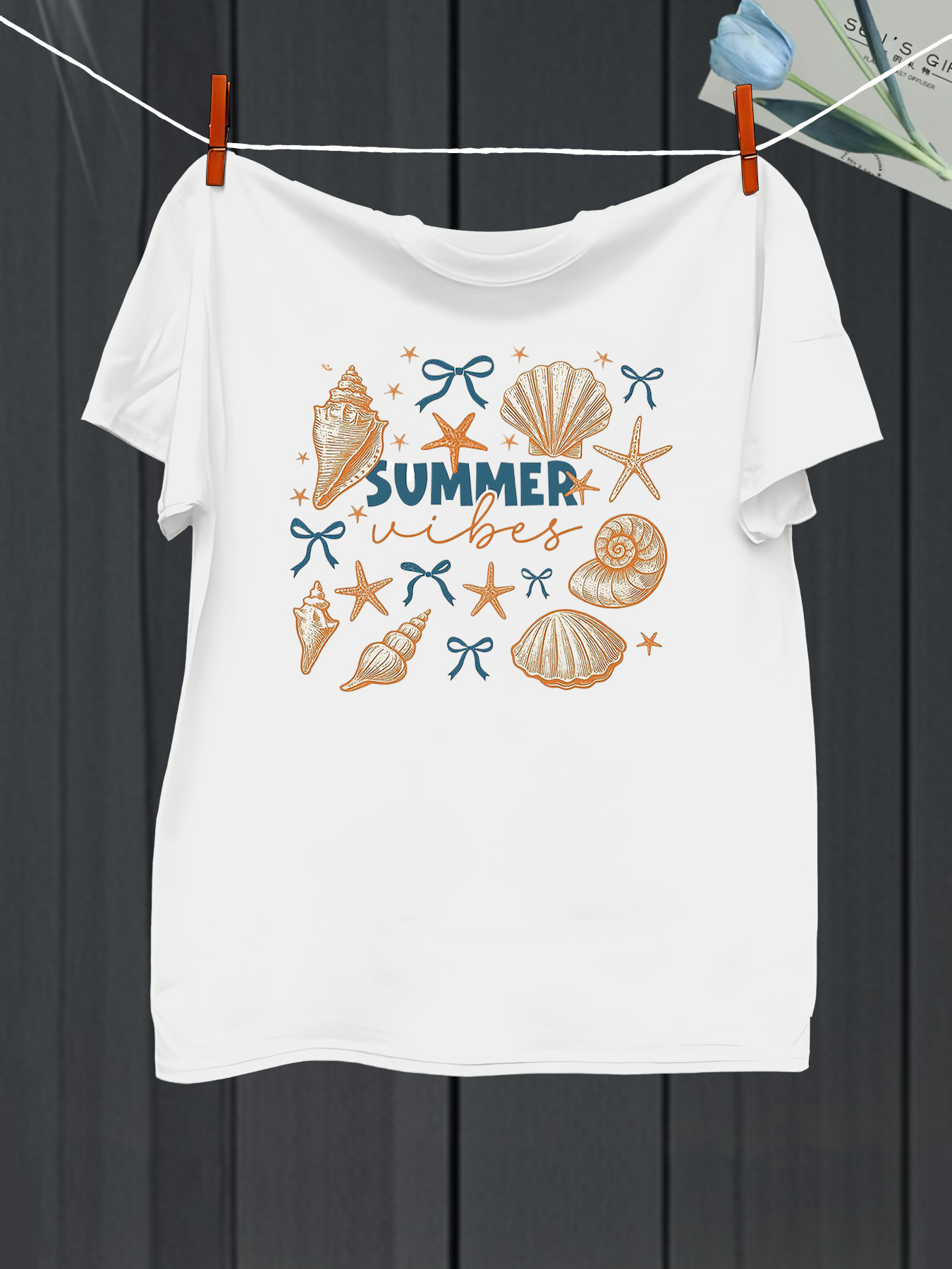 Men's Graphic T-Shirt Summer Vibes With Seashells Starfish And Handwritten Waves Pattern