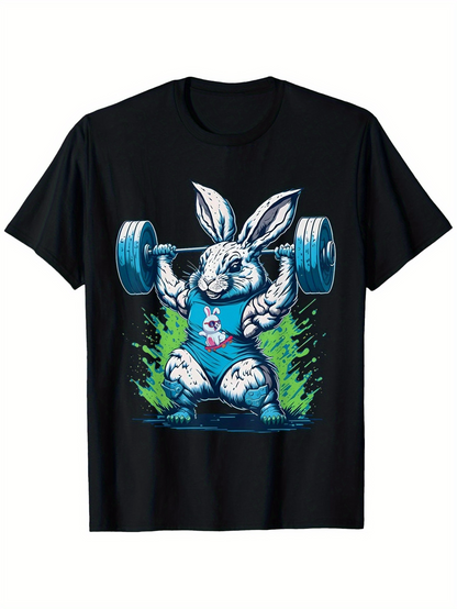 Men's Graphic T-Shirt Muscular Bunny Lifting Heavy Barbell With Energetic Green Flames Rabbit