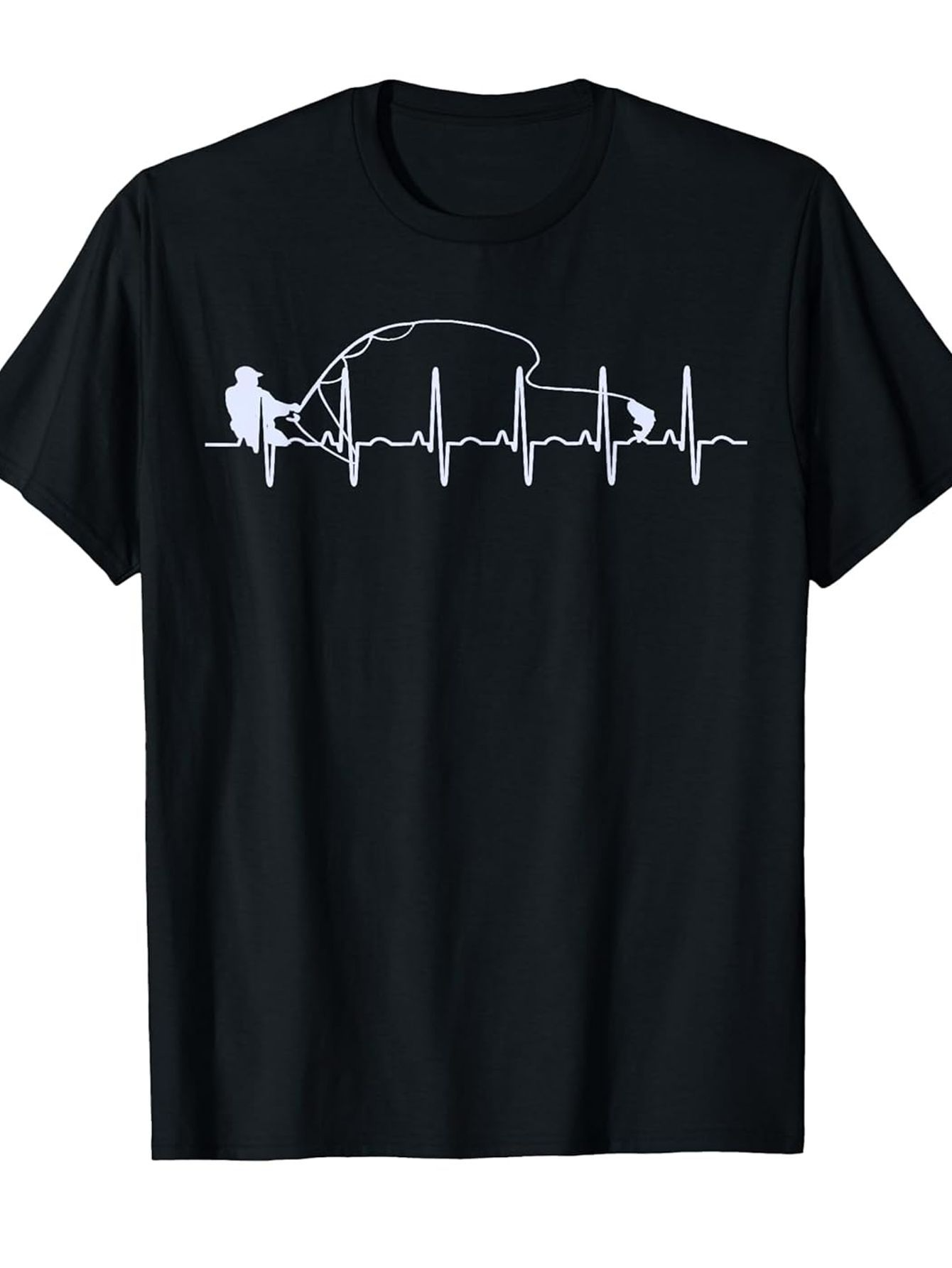 Men's Graphic T-Shirt Heartbeat Line With Fishing Rod River And Relaxed Fisherman