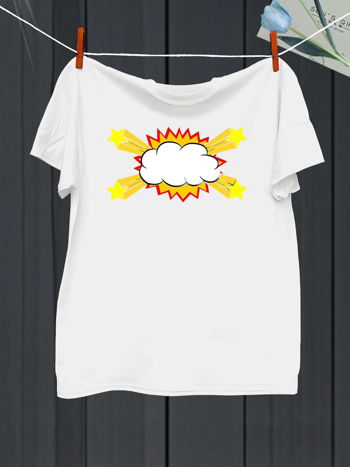 Men's Graphic T-Shirt Comic Style Burst With Yellow Flash Among Cloud
