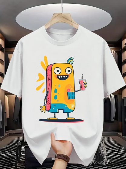 Men's Graphic T-Shirt Colorful Cartoon Snack Character With Playful Smile Holding A Drink