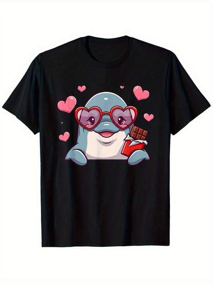 Men's Graphic T-Shirt Adorable Cartoon Dolphin With Heart Shaped Glasses Surrounded By Floating Pink Hearts