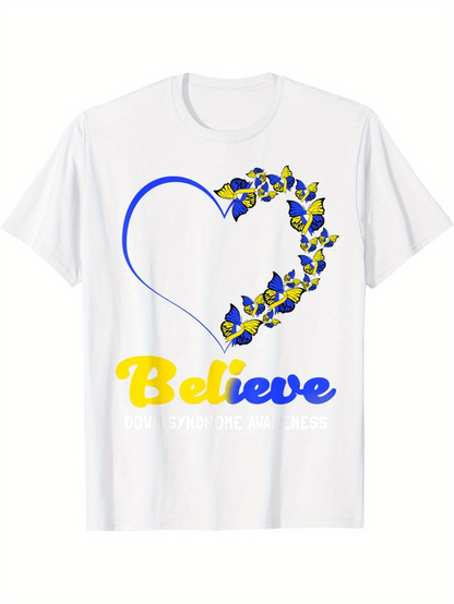 Men's Graphic T-Shirt Believe Vibrant Blue And Gold Butterflies Circling An Open Heart