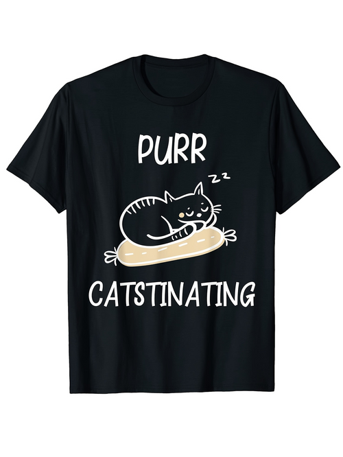 Men's Graphic T-Shirt Purr Catstinating Sleepy Cat Resting On Soft Pillow