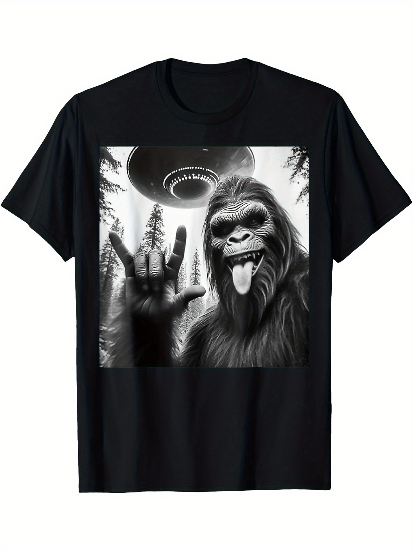 Men's Graphic T-Shirt Playful Bigfoot In Forest With UFO Hovering Above Sasquatch