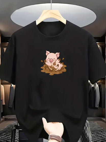Men's Graphic T-Shirt Cute Happy Pig Playing In Fresh Muddy Puddle Pig