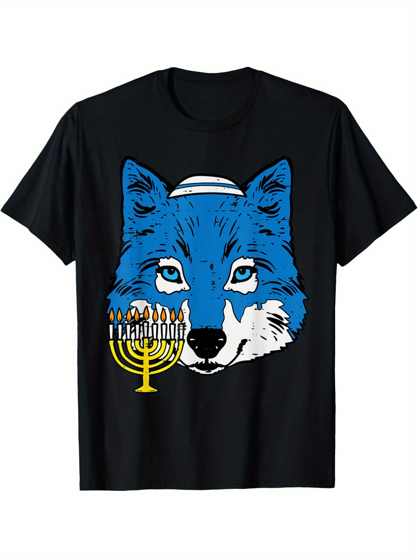 Men's Graphic T-Shirt Blue Wolf With Traditional Menorah And White Kippah Head Wolf