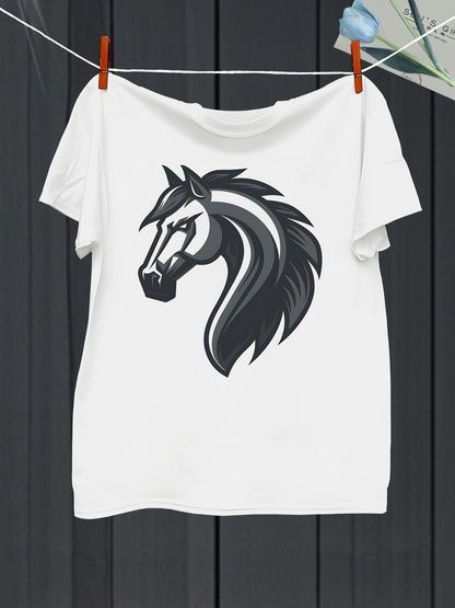 Men's Graphic T-Shirt Dynamic Thick Black Brush Strokes Forming Majestic Horse Head