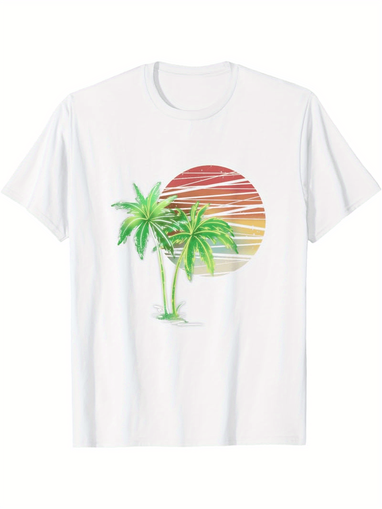 Men's Graphic T-Shirt Colorful Sunset With Gradient Stripes And Green Palm Trees