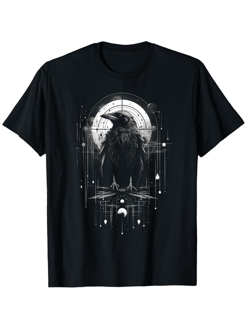 Men's Graphic T-Shirt Celestial Night Sky With Mysterious Moon And Stars Surrounding A Majestic Raven