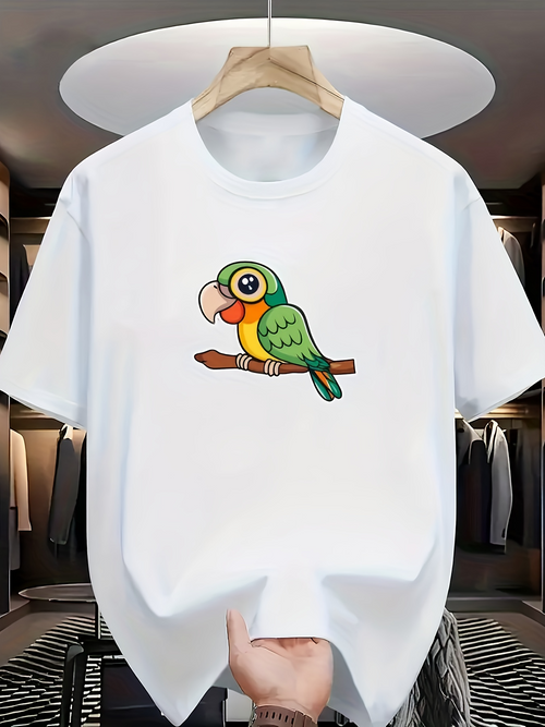 Men's Graphic T-Shirt Bright Green Parrot Perched On Brown Branch Under Soft White Light Parrot