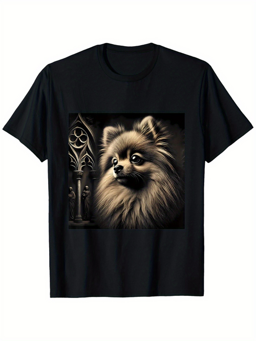 Men's Graphic T-Shirt Victorian Style Archway With Soft Light Illuminating A Fluffy Pomeranian Dog