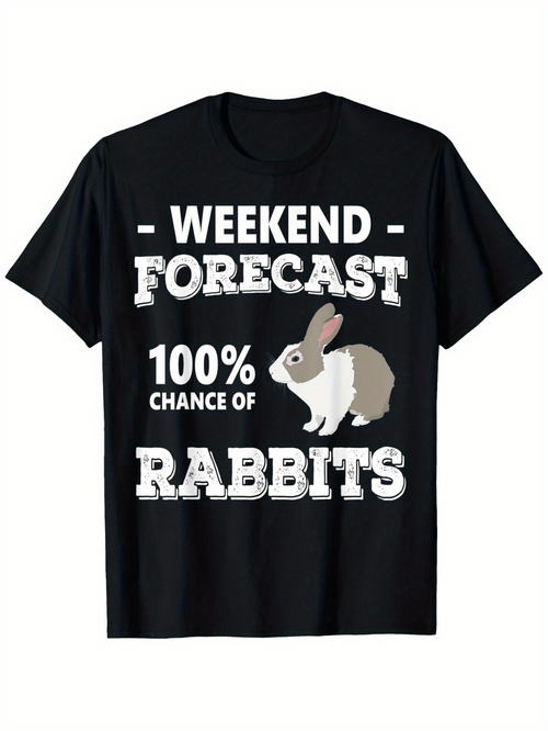 Men's Graphic T-Shirt Weekend Forecast With Clouds And Cartoon Rabbit Illustration Among Bold Letters
