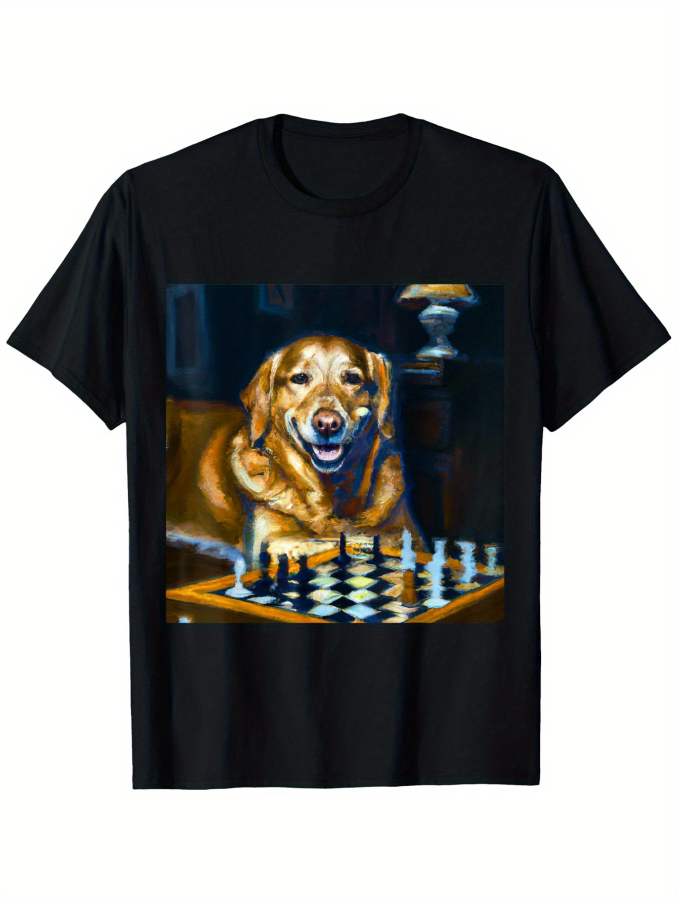 Men's Graphic T-Shirt Friendly Dog Sitting Happily Among Chess Pieces On Board
