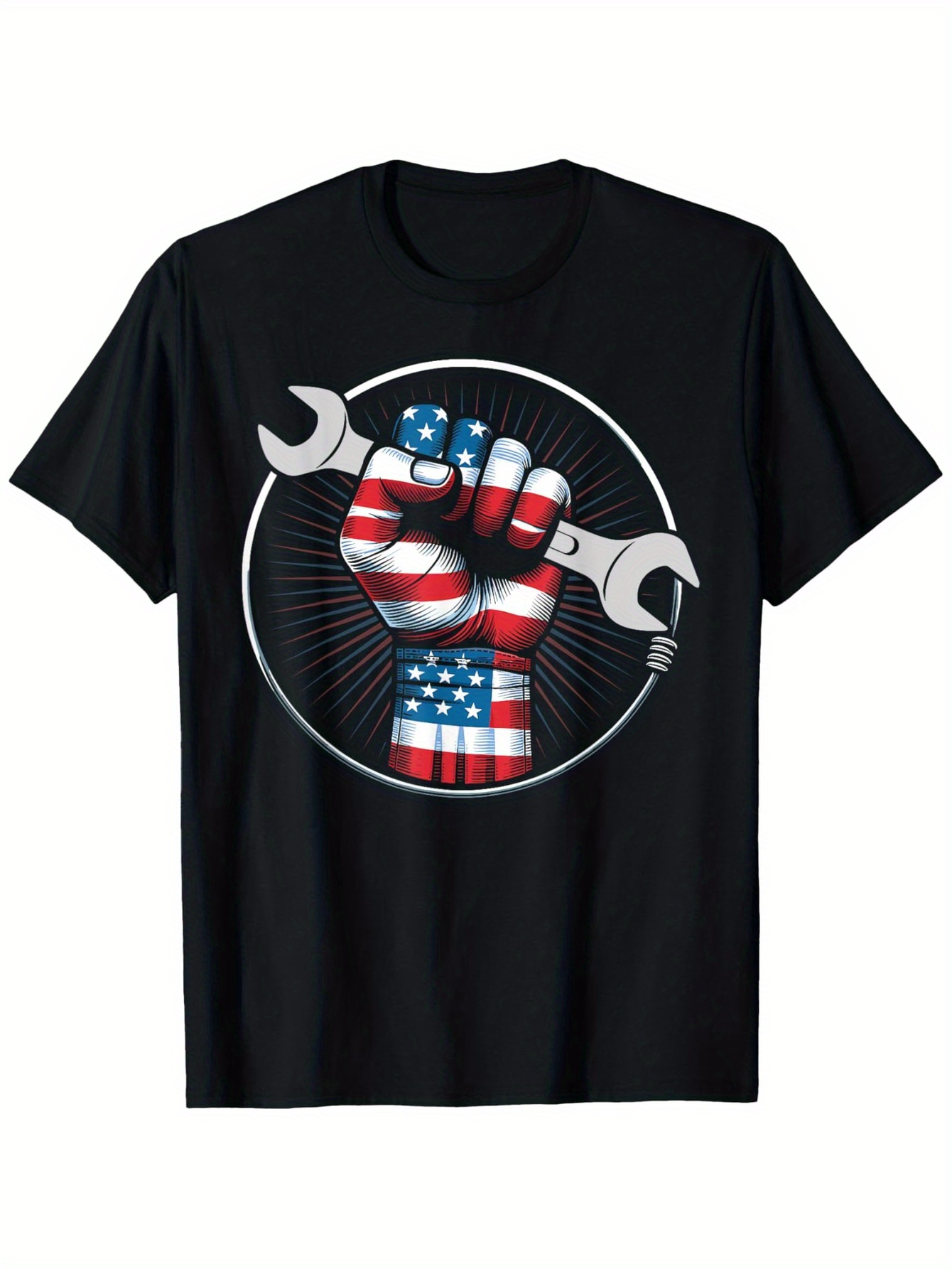 Men's Graphic T-Shirt Patriotic Hand Holding Wrench With Flag Motif Circle Background