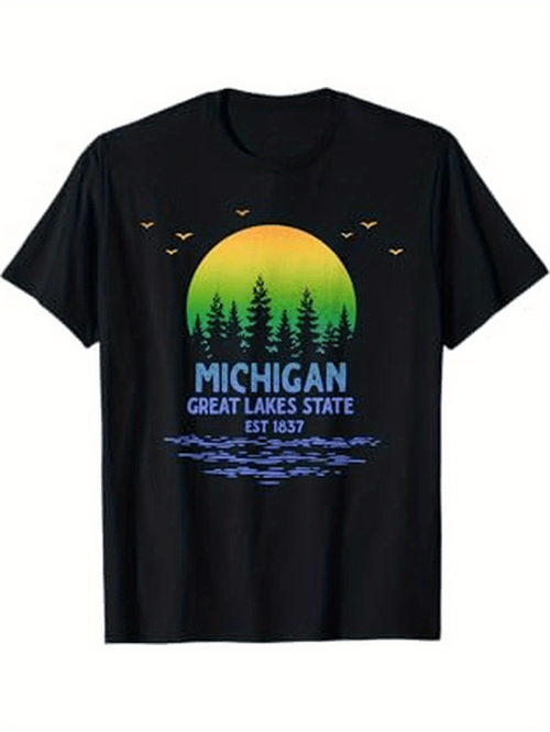 Men's Graphic T-Shirt Michigan Great Lakes State Sunset With Forest Silhouette And Reflecting Water