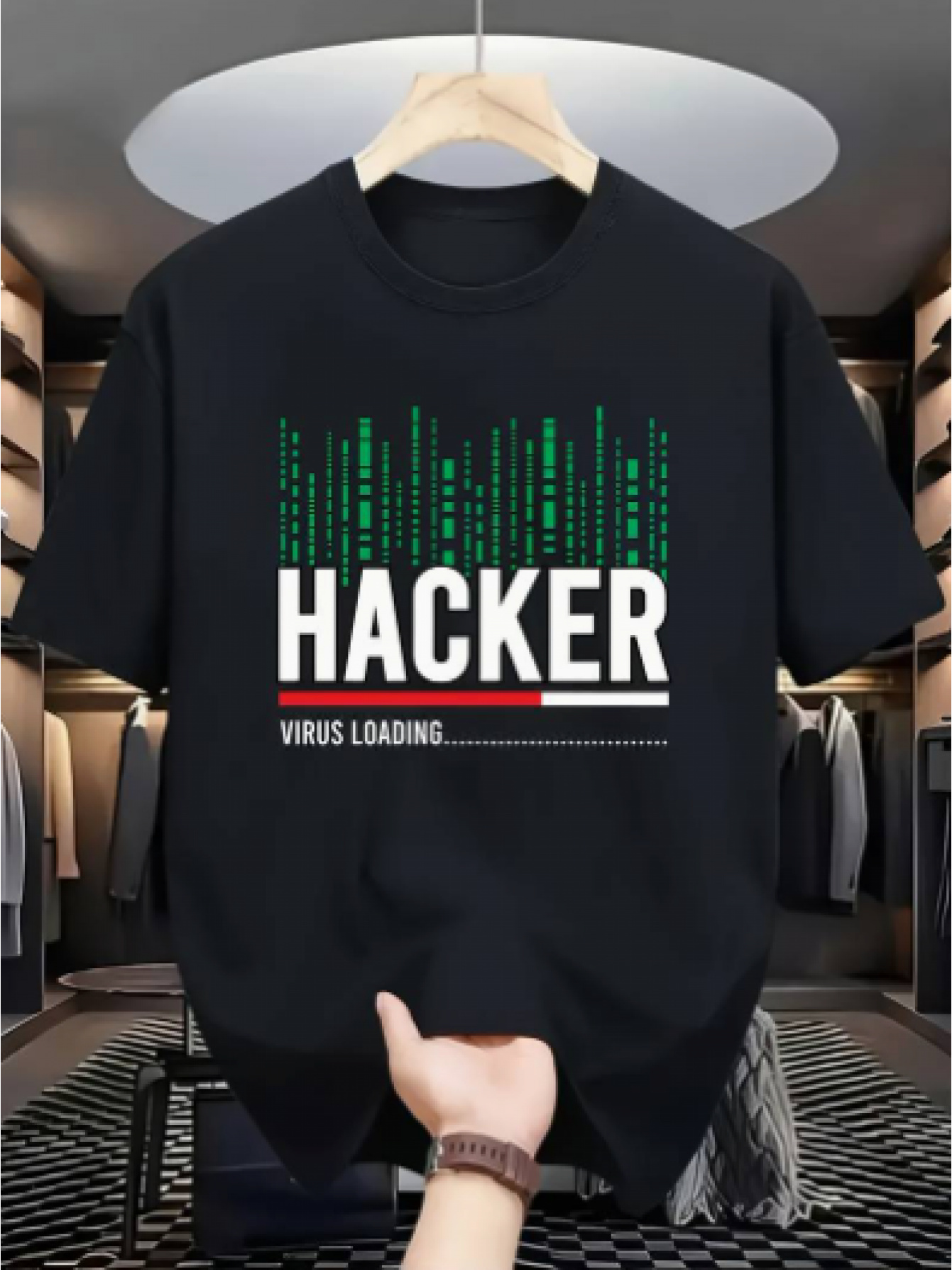 Men's Graphic T-Shirt Hacker Virus Loading Digital Matrix Code Among Rising Data Bars