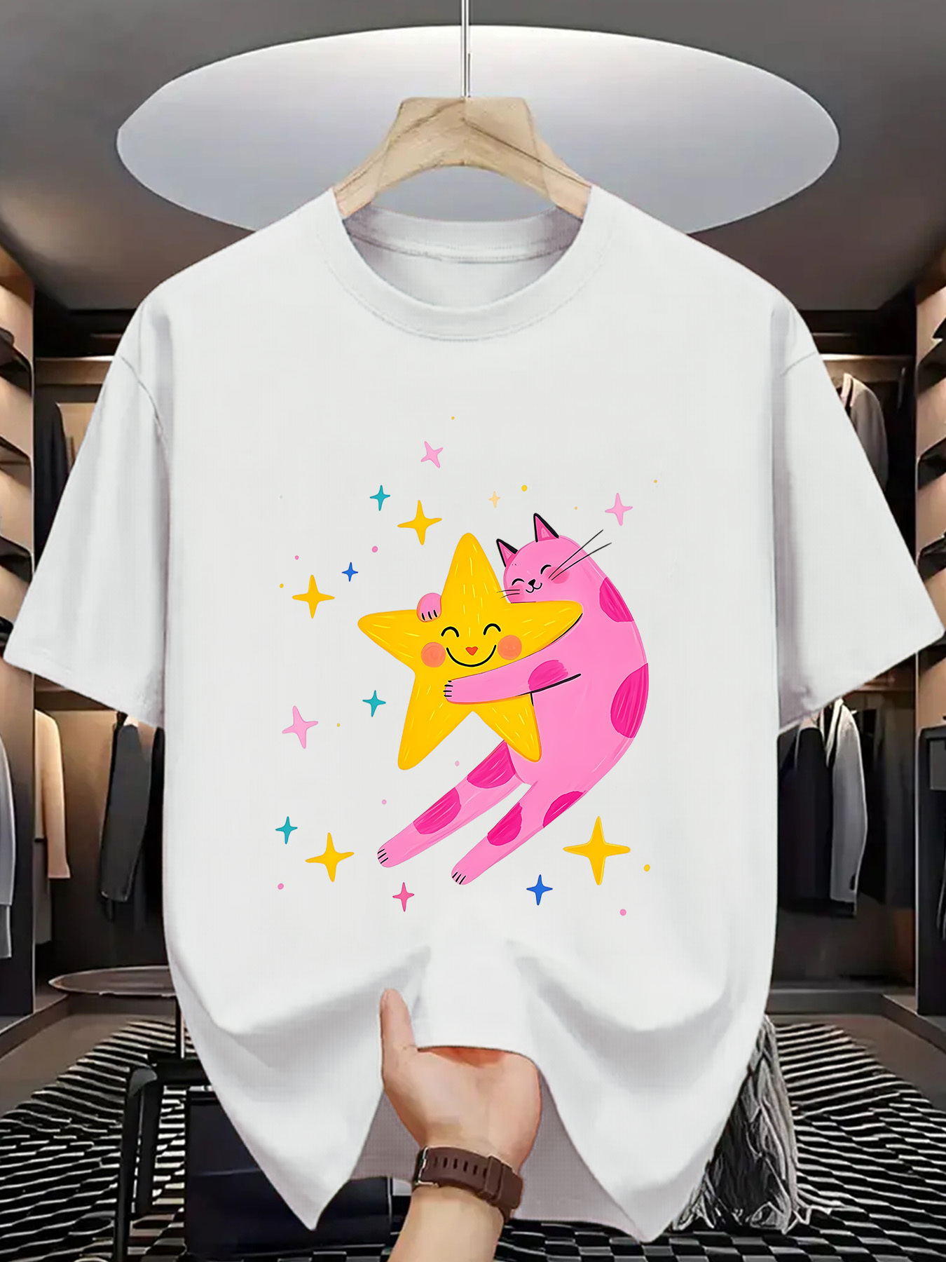 Men's Graphic T-Shirt Pink Cat Hugging Smiling Yellow Star Surrounded By Colorful Sparkling Stardust