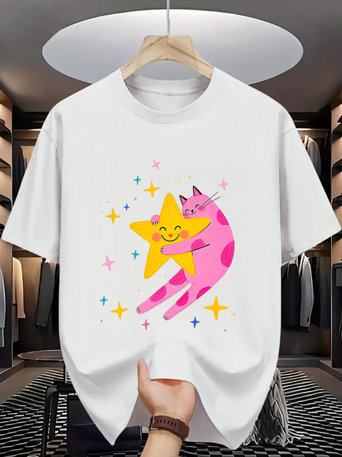 Men's Graphic T-Shirt Pink Cat Hugging Smiling Yellow Star Surrounded By Colorful Sparkling Stardust