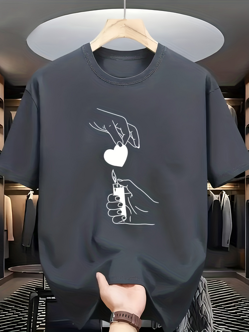 Men's Graphic T-Shirt Minimal Hand Drawn Lines With Floating Heart And Flickering Lighter