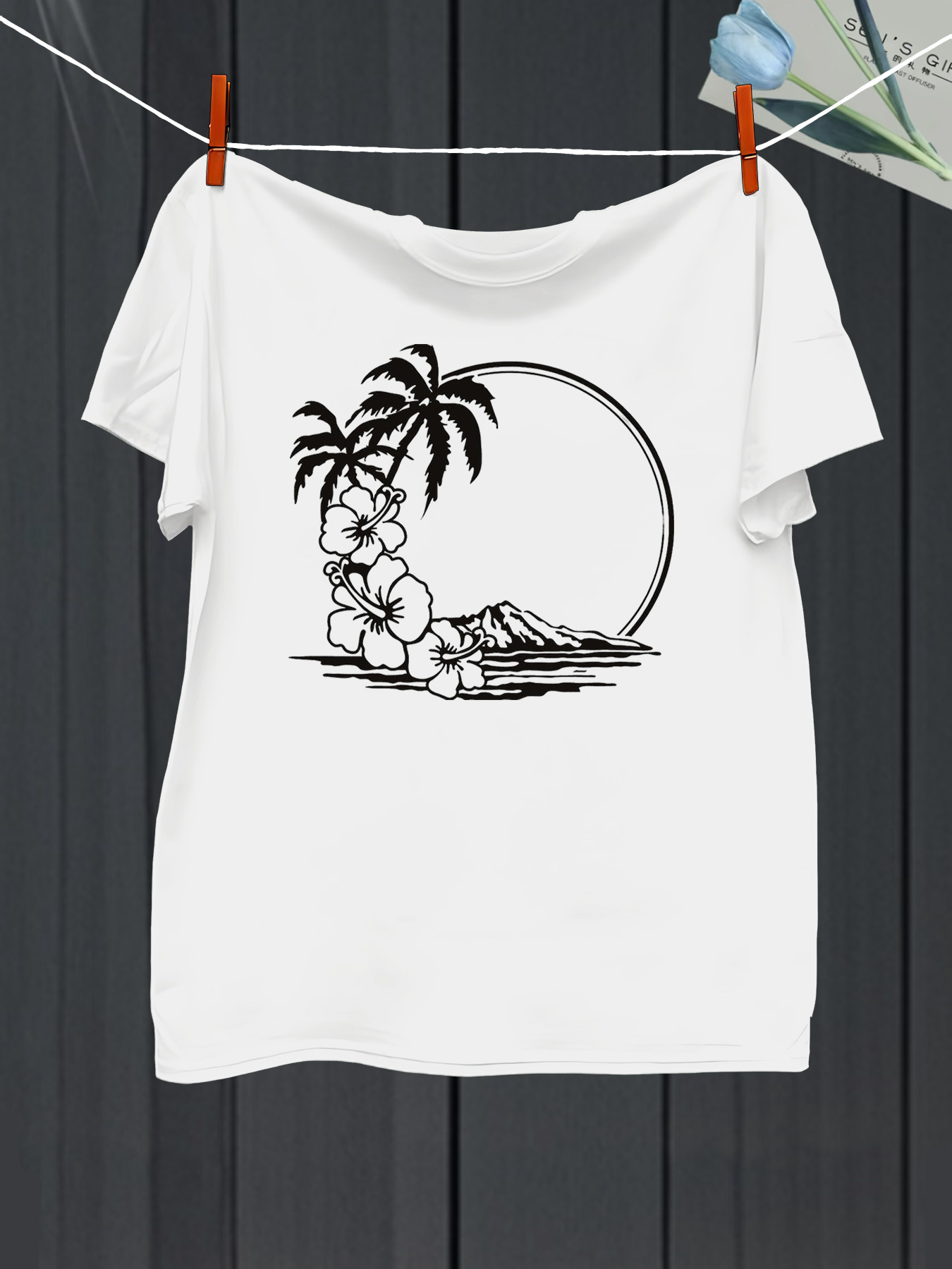 Men's Graphic T-Shirt Tropical Island Flowers With Palms Sunset By Ocean Mountain