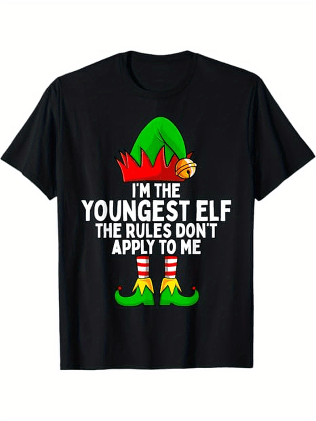 Men's Graphic T-Shirt Im The Youngest Elf Christmas Costume With Hat And Striped Socks Elf