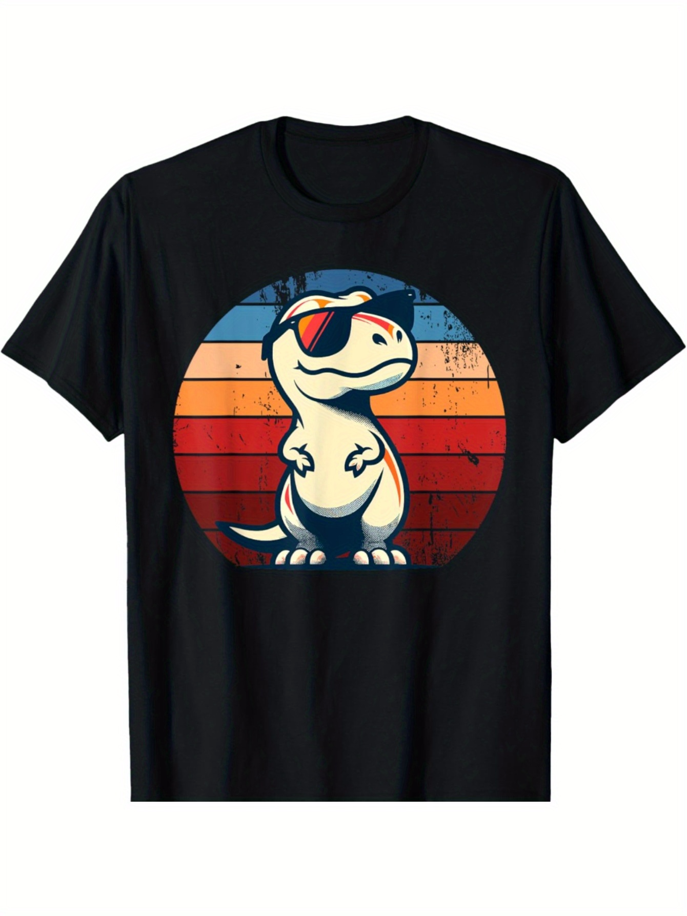 Men's Graphic T-Shirt Retro Sunset Circle With Cool Dinosaur Standing Boldly Dinosaur