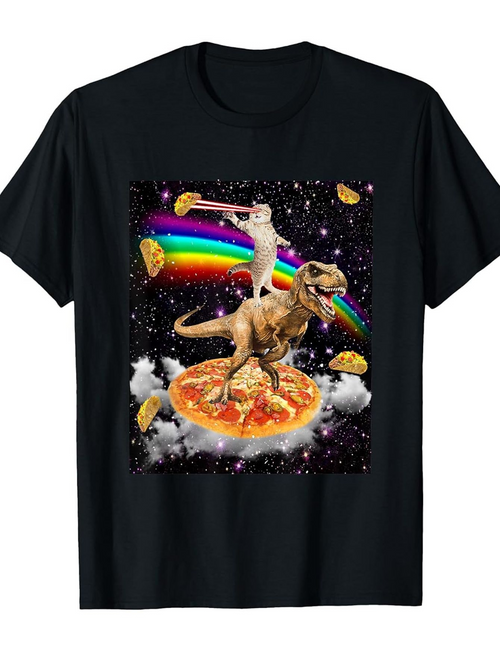 Men's Graphic T-Shirt Cosmic Cat With Tacos And Pizza Riding A Dinosaur