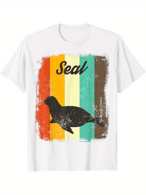 Men's Graphic T-Shirt Seal Retro Colorful Grunge Stripes With Silhouette Graphic Seal
