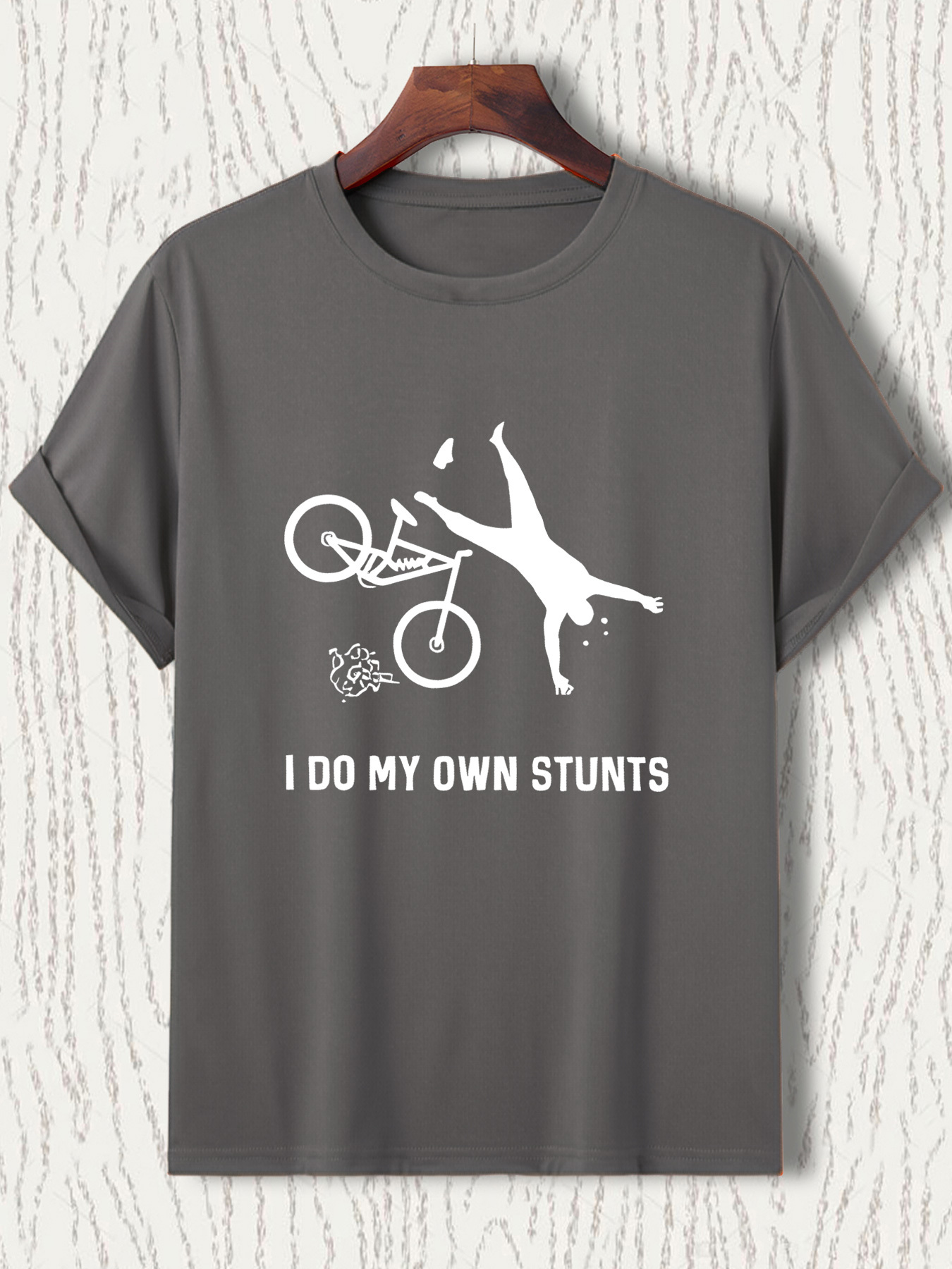 Men's Graphic T-Shirt I Do My Own Stunts Dynamic Biking Scene With Figure Flipping Bicycle