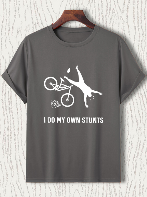 Men's Graphic T-Shirt I Do My Own Stunts Dynamic Biking Scene With Figure Flipping Bicycle